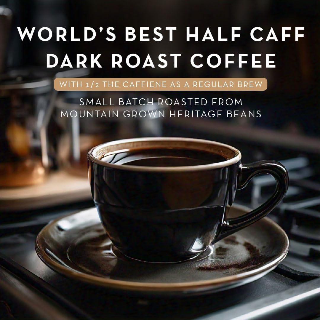 World's Best Half Caff pod close up highlights premium Arabica notes.