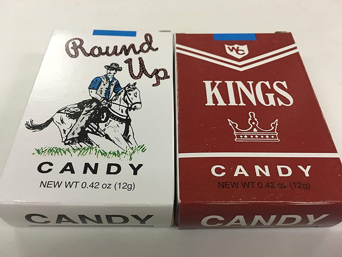 Worlds King Size Candy Cigarettes pack front view, nostalgic retro experience.