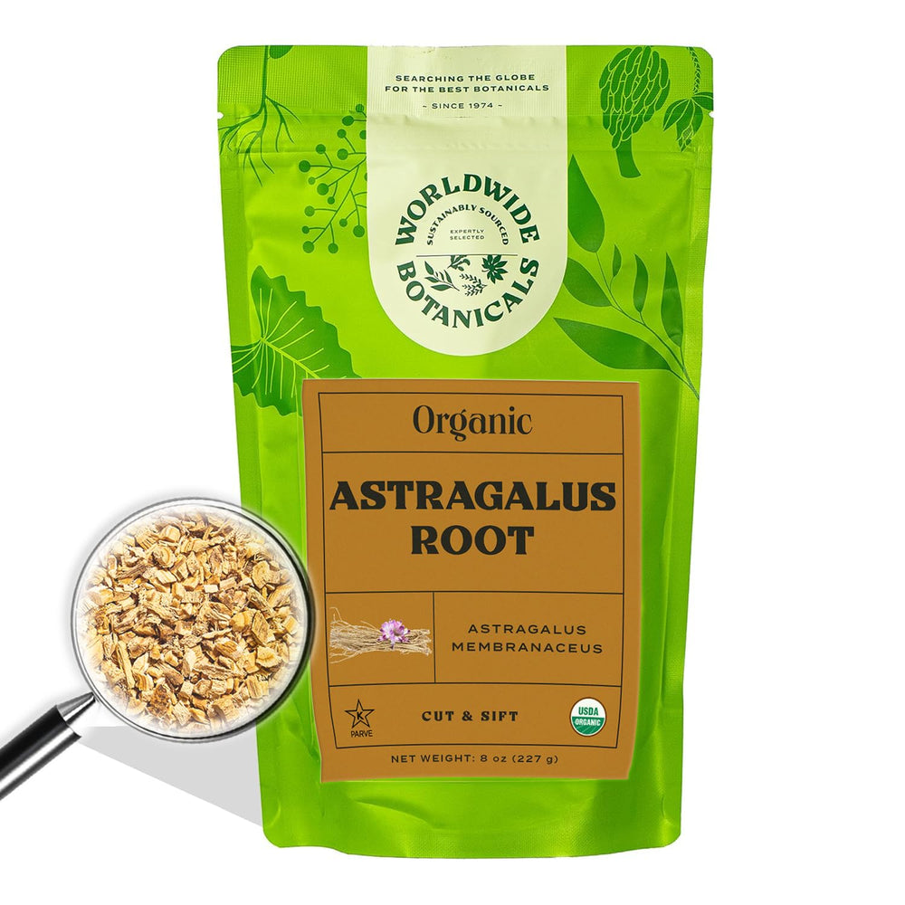 Worldwide Botanicals astragalus root cut and sift ideal for a gentle tea infusion.
