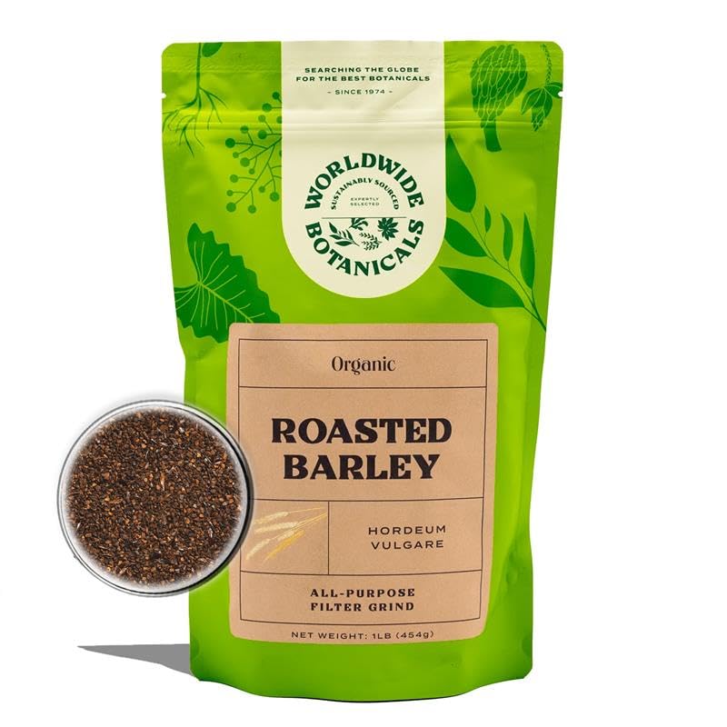 Worldwide Botanicals Barley packaging beside a prepared cup.