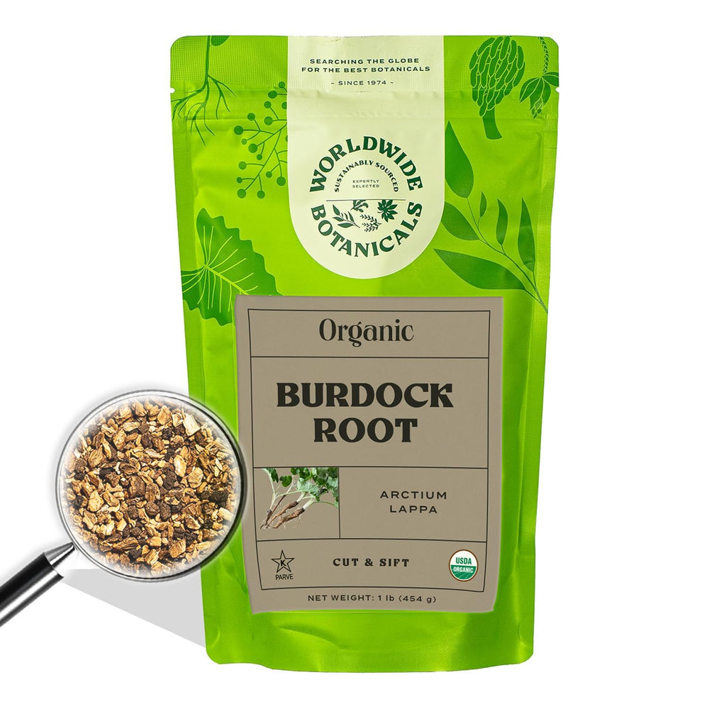 Worldwide Botanicals burdock root cut and sift for tea and root beer flavor.