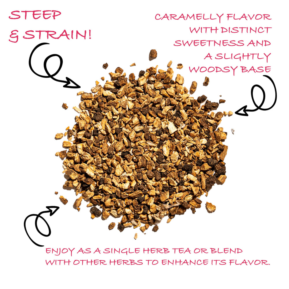 Worldwide Botanicals burdock root tea infusion, caffeine-free and fragrant.