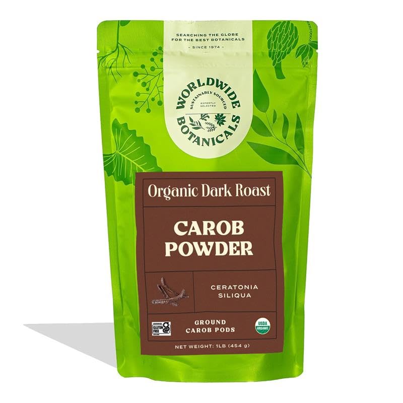 Worldwide Botanicals carob powder dark roast in a bag for a rich, caffeine-free cocoa substitute.