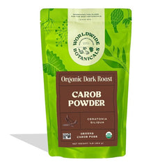 Worldwide Botanicals carob powder dark roast in a bag for a rich, caffeine-free cocoa substitute.