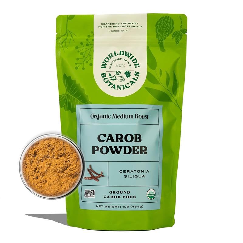 Worldwide Botanicals carob powder versatile for hot or cold drinks