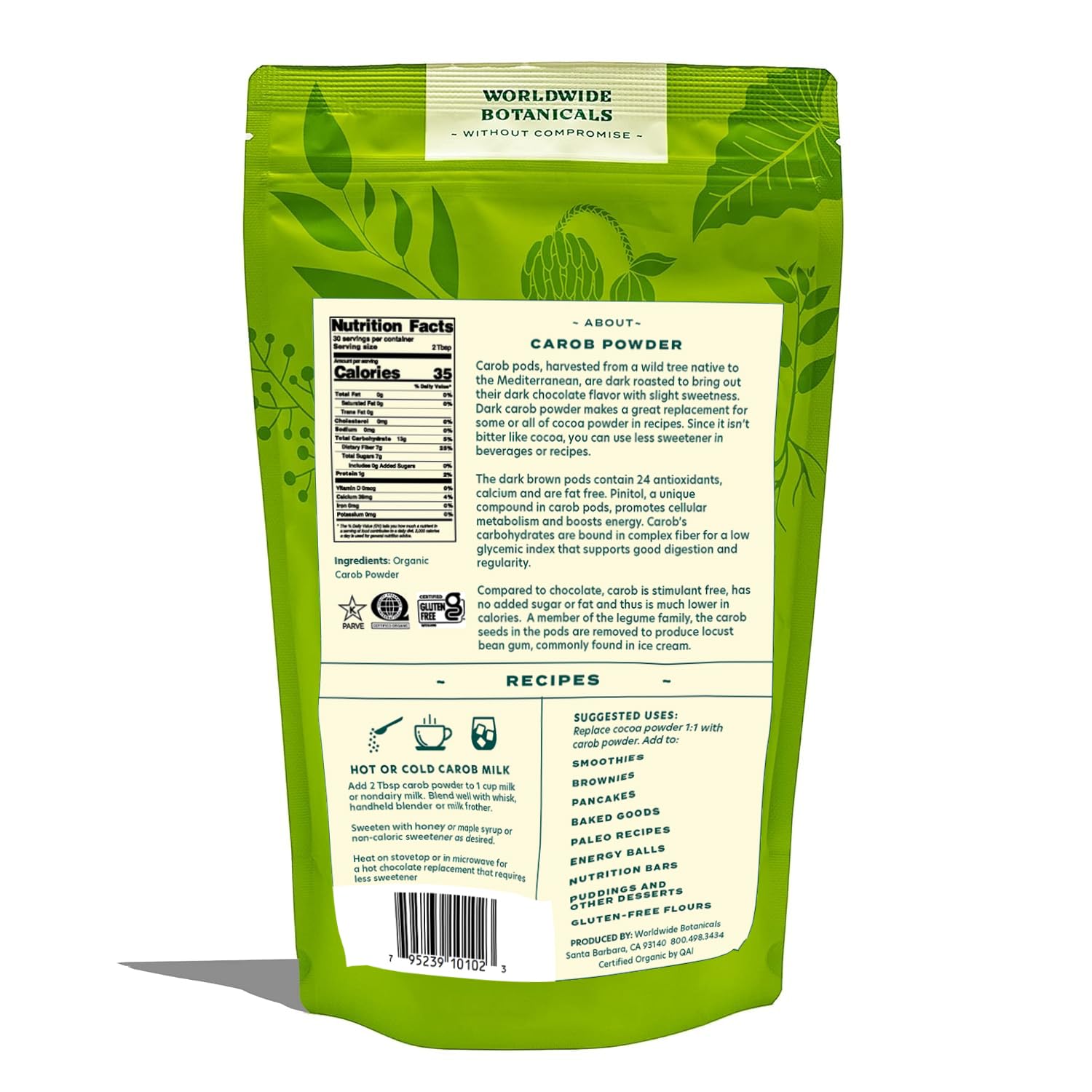 Worldwide Botanicals carob powder hot milk cup, smooth natural sweetness for low-sugar drinks.