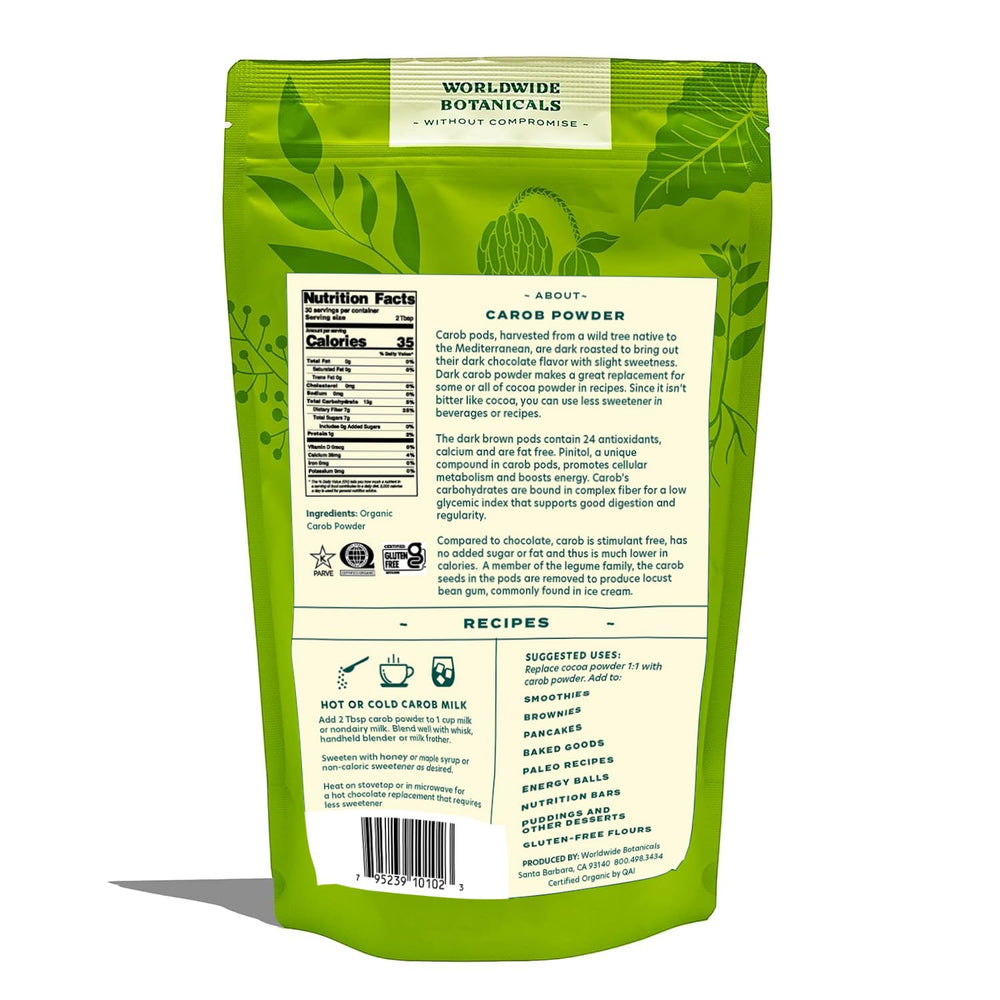 Worldwide Botanicals carob powder hot milk cup, smooth natural sweetness for low-sugar drinks.