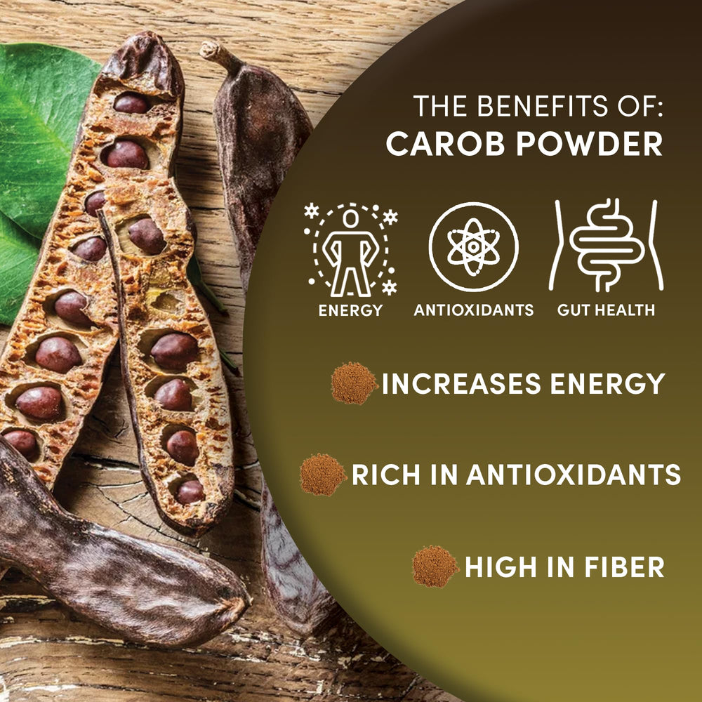 Worldwide Botanicals organic carob powder 1 lb packaging in pantry