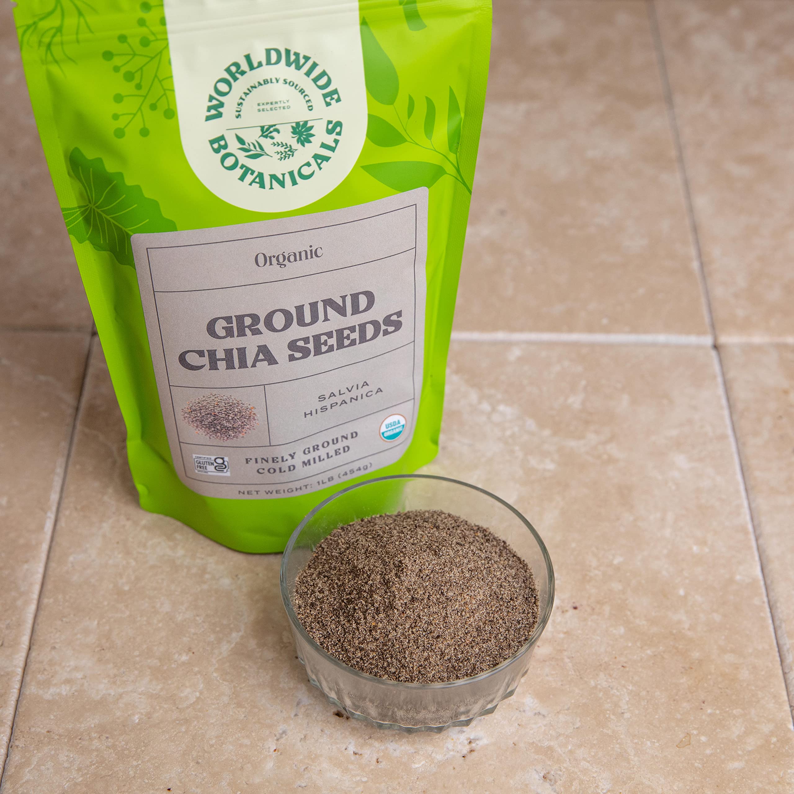 Worldwide Botanicals ground chia seeds topping yogurt or cereal.