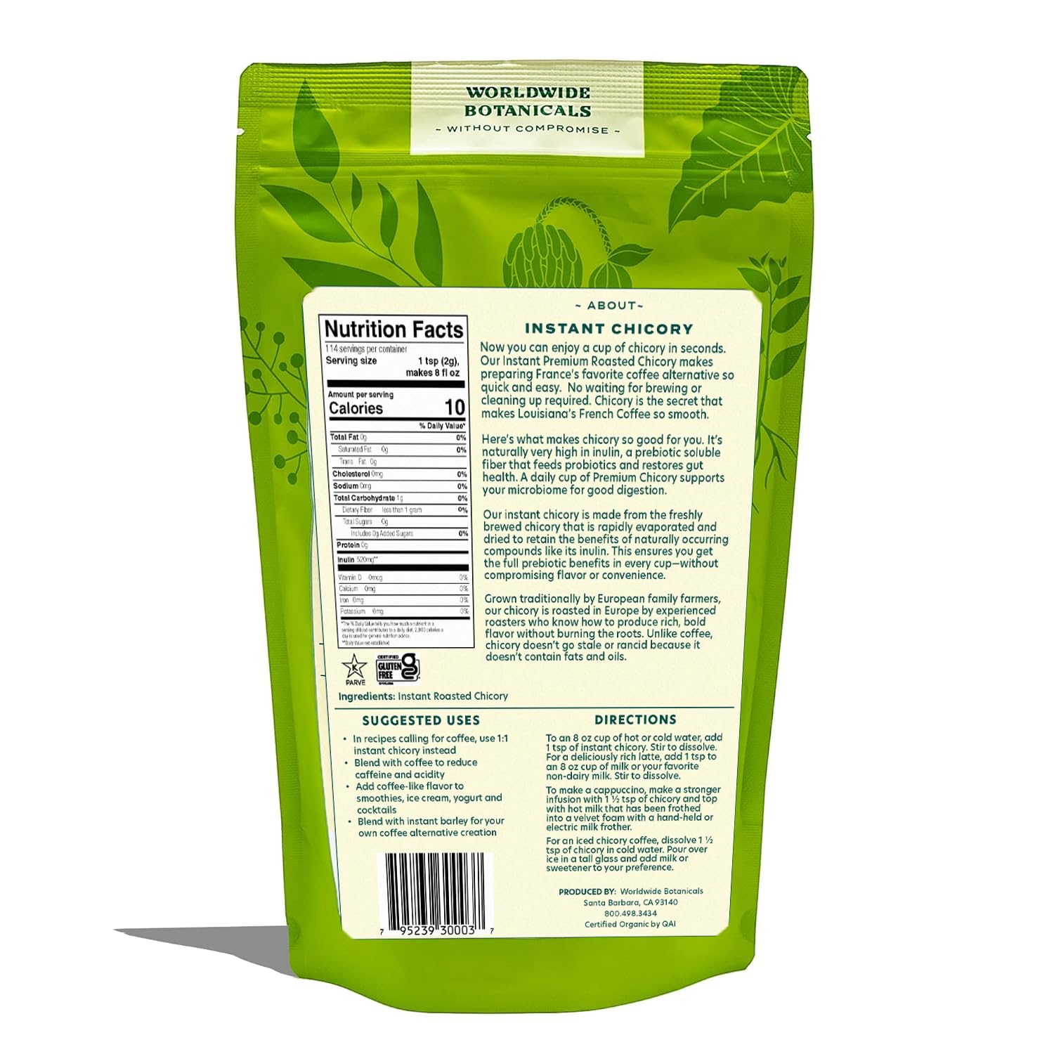 Worldwide Botanicals chicory cup with instant mix illustrating quick, low-acidity coffee alternative.