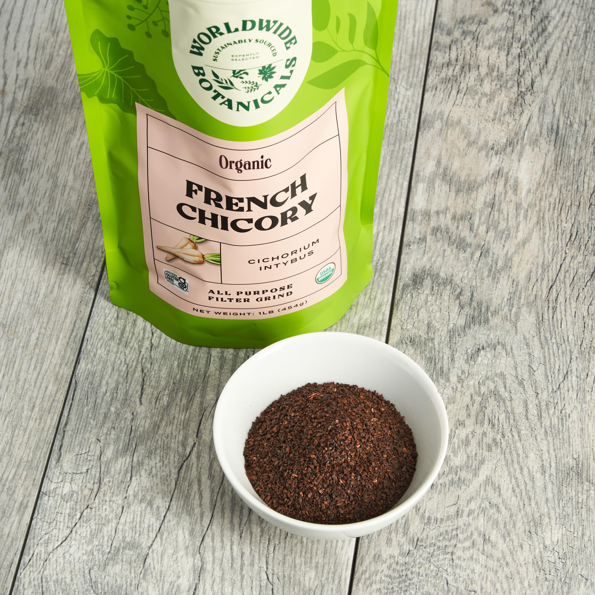 Worldwide Botanicals chicory root brew with coffee for a balanced flavor.