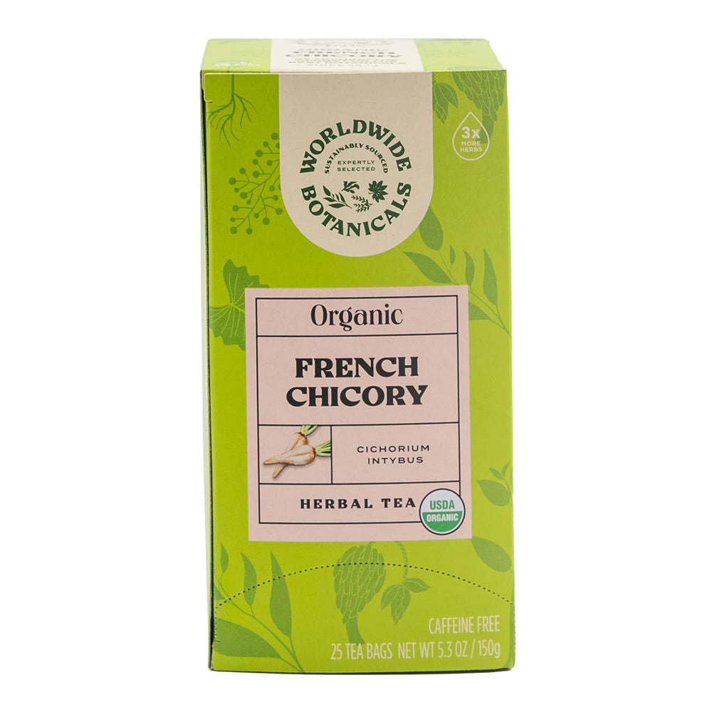 Worldwide Botanicals chicory root tea bag closeup—premium roast.