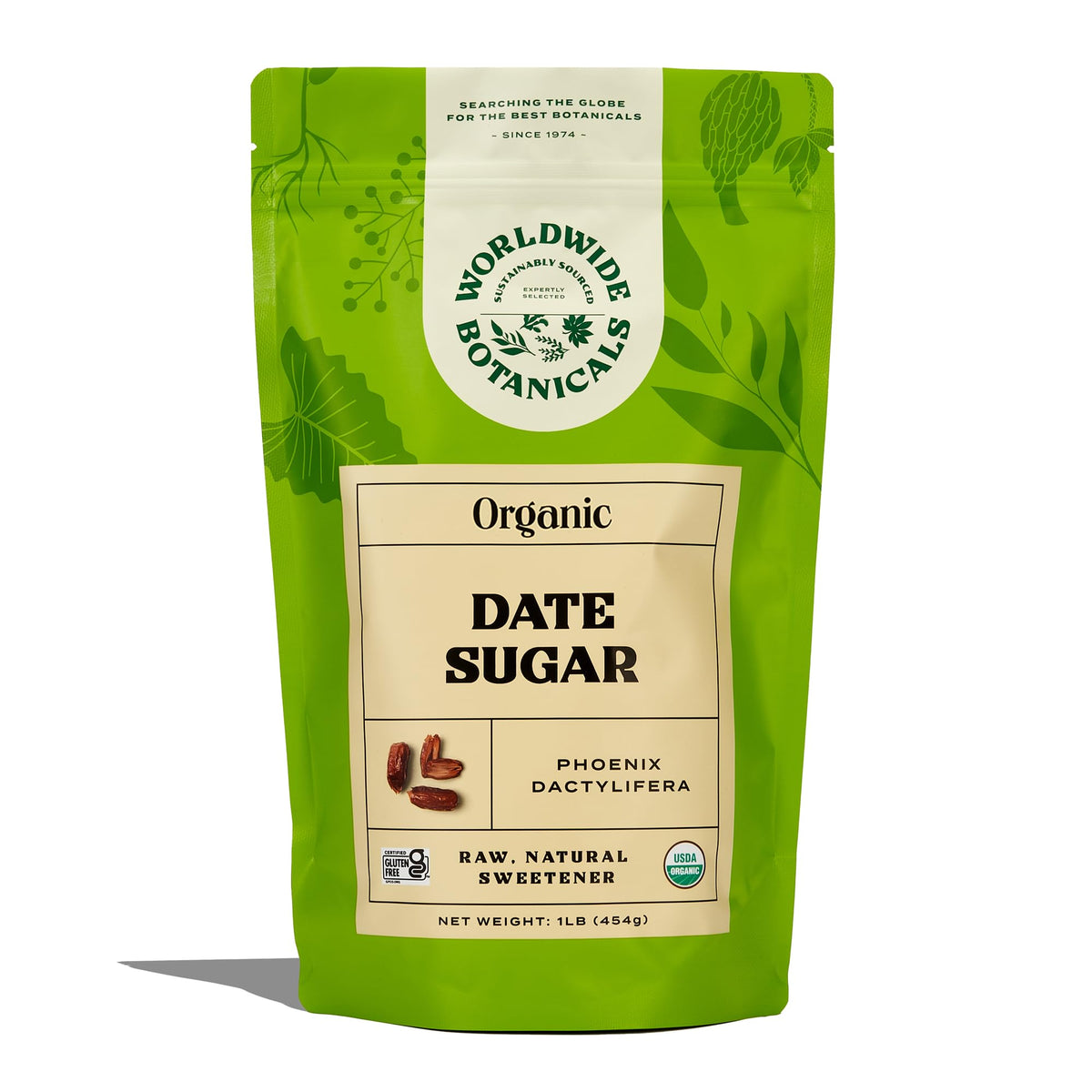 Worldwide Botanicals date sugar fine powder 1lb, smooth texture for baking and sweetening.