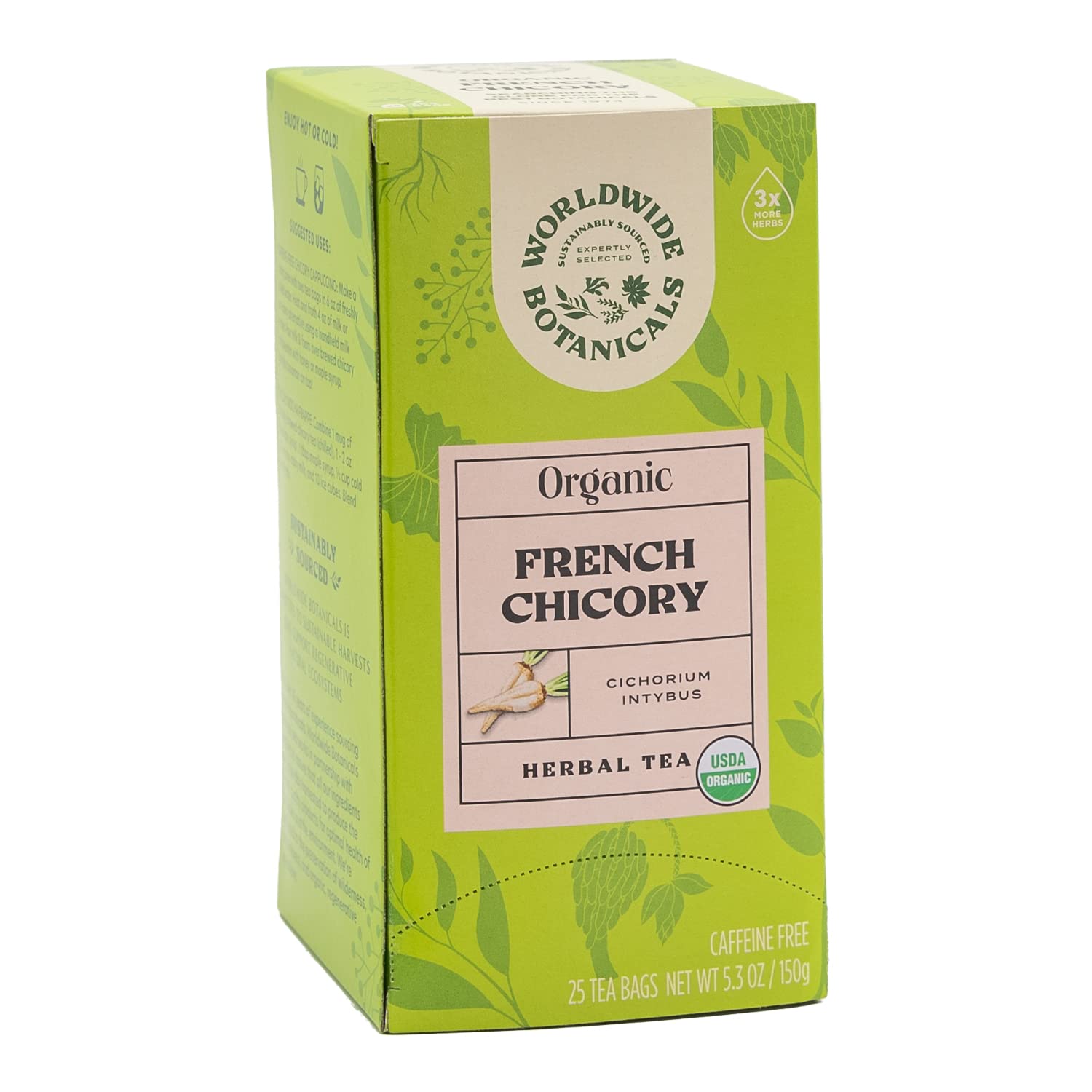 Worldwide Botanicals French chicory tea pack—caffeine-free evening beverage.