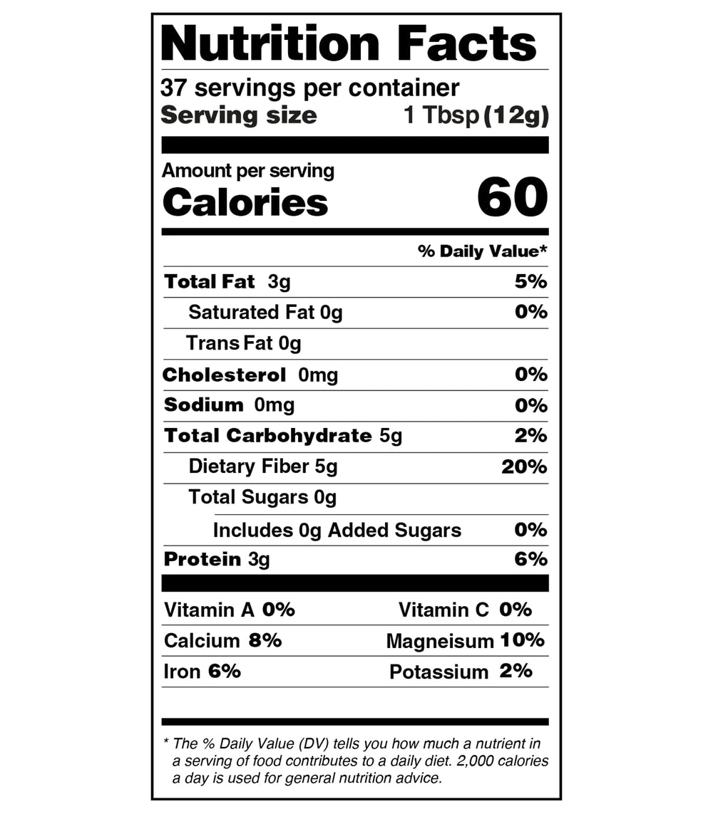 Worldwide Botanicals chia seeds highlight omega-3 content for daily meals.