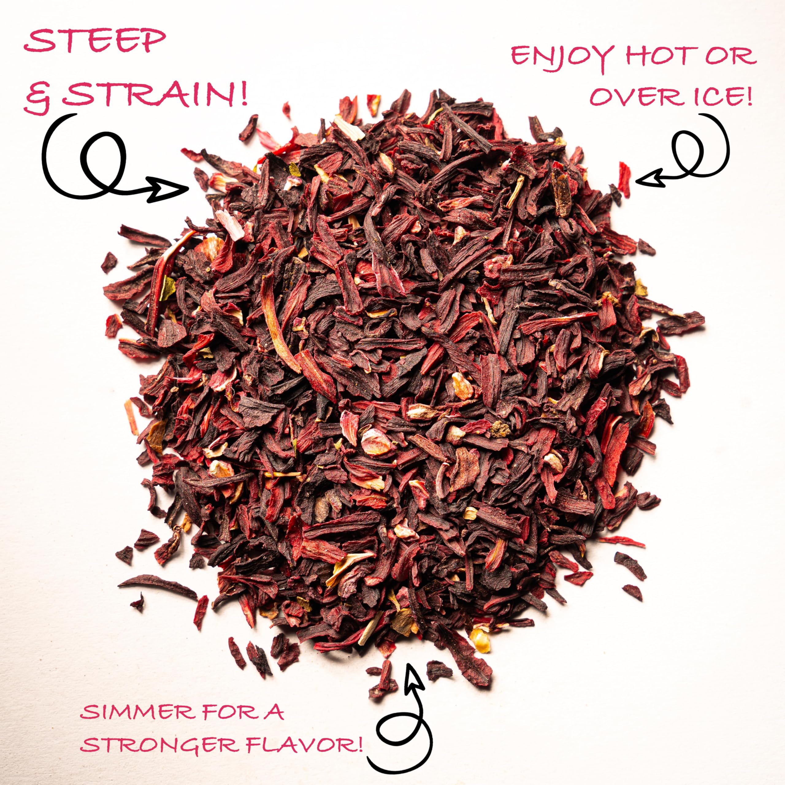 Worldwide Botanicals hibiscus tea brew in pot highlighting bright color and citrusy aroma.