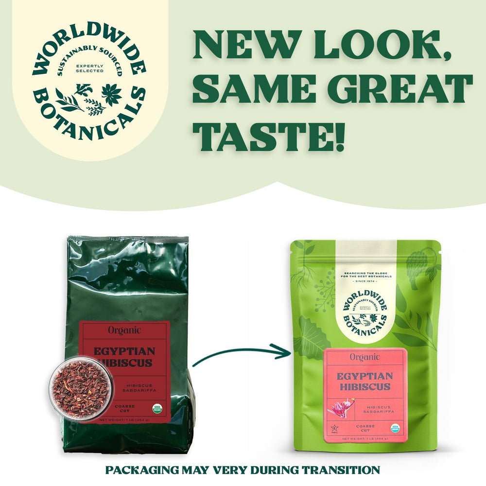 Worldwide Botanicals hibiscus tea served iced in a glass with lemon