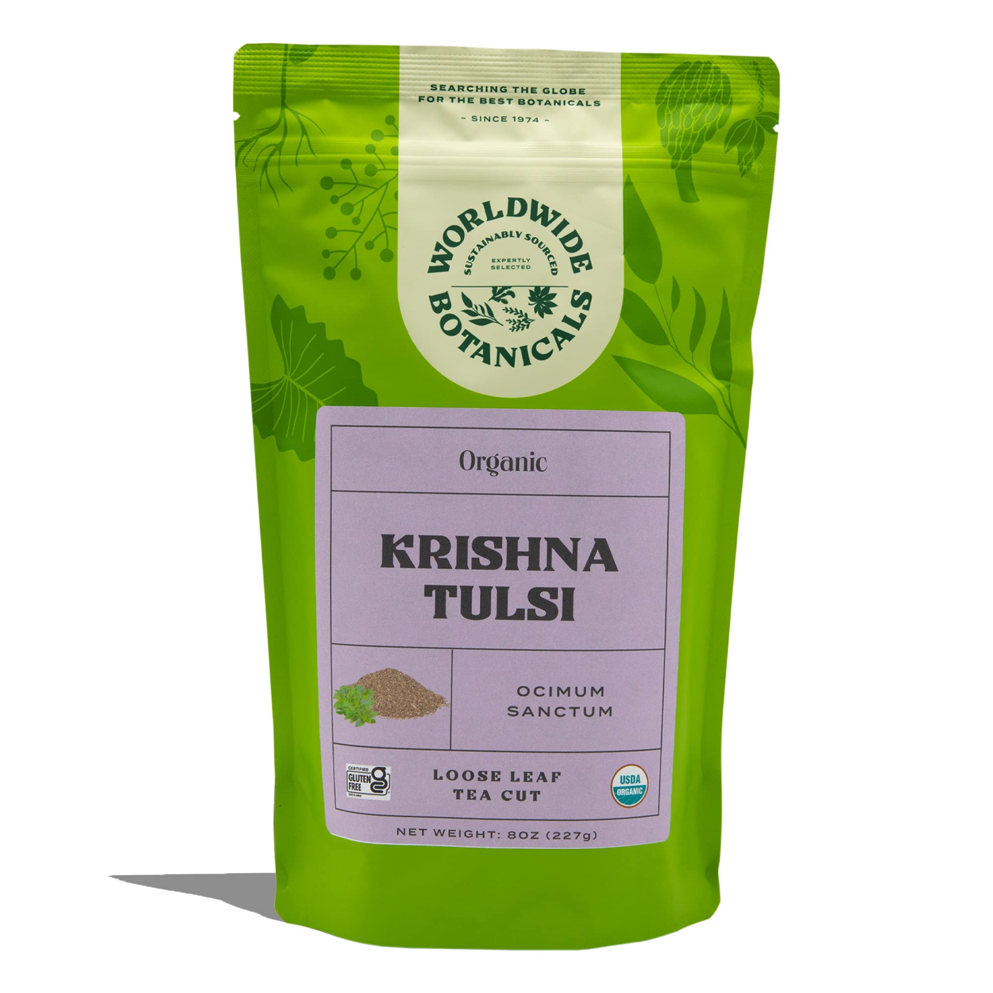 Worldwide Botanicals Iced Tulsi tea served over ice, refreshing and caffeine-free