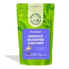 Worldwide Botanicals Instant Chicory jar close-up showing rich, caffeine-free roast ready to stir.
