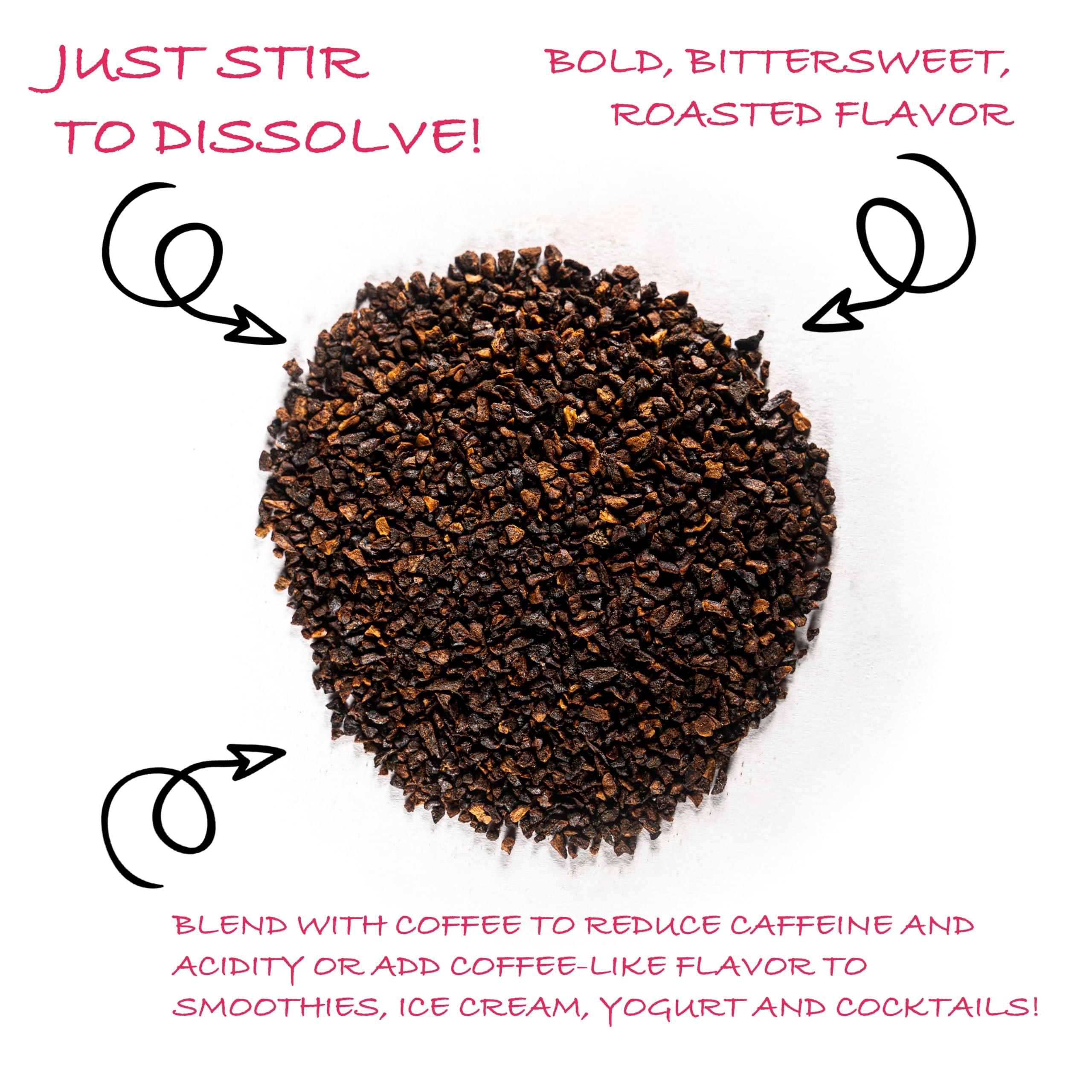 Worldwide Botanicals instant chicory powder dissolves easily in hot water for smooth caffeine-free beverage.