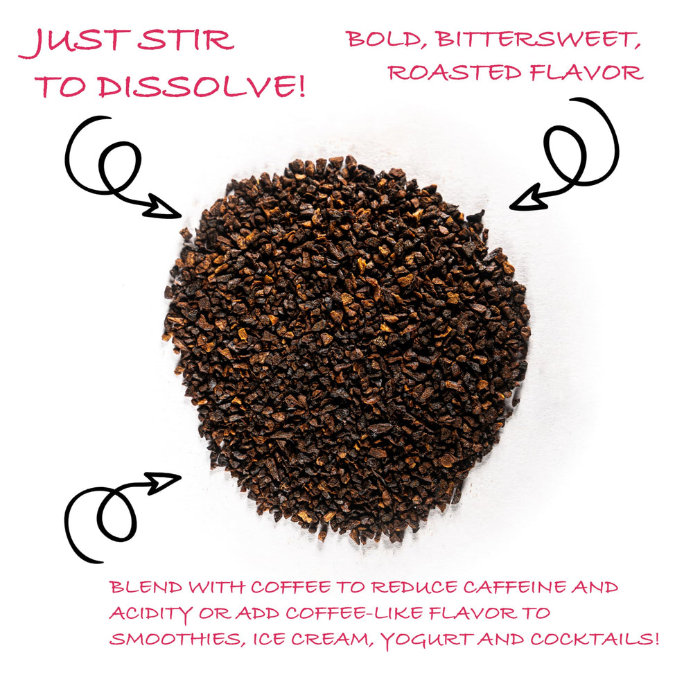 Worldwide Botanicals instant chicory powder dissolves easily in hot water for smooth caffeine-free beverage.