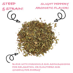 Worldwide Botanicals Krishna Tulsi tea in a cup releasing a soothing, peppery aroma
