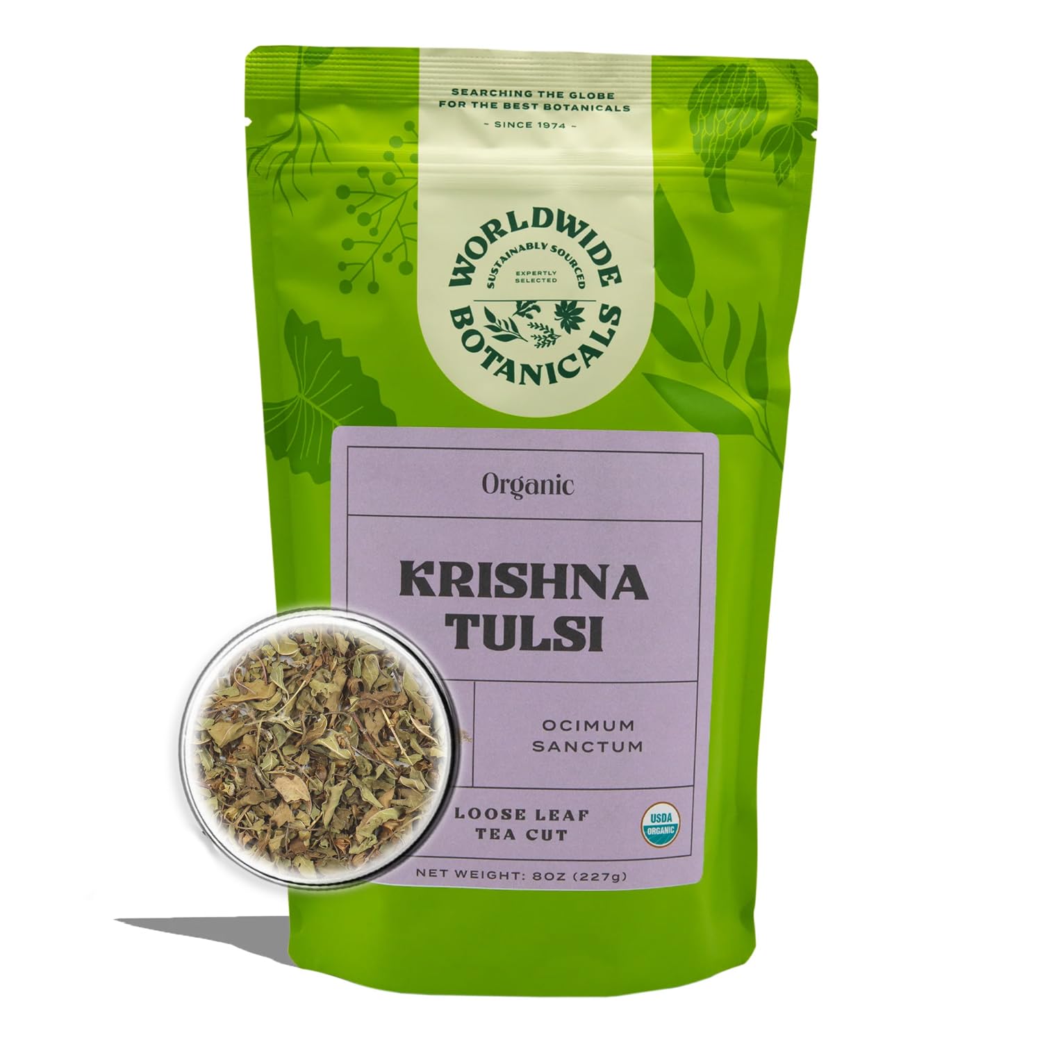 Worldwide Botanicals Krishna Tulsi loose leaf close-up shows purple-tinged leaves for a fragrant, calming brew