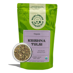Worldwide Botanicals Krishna Tulsi loose leaf close-up shows purple-tinged leaves for a fragrant, calming brew
