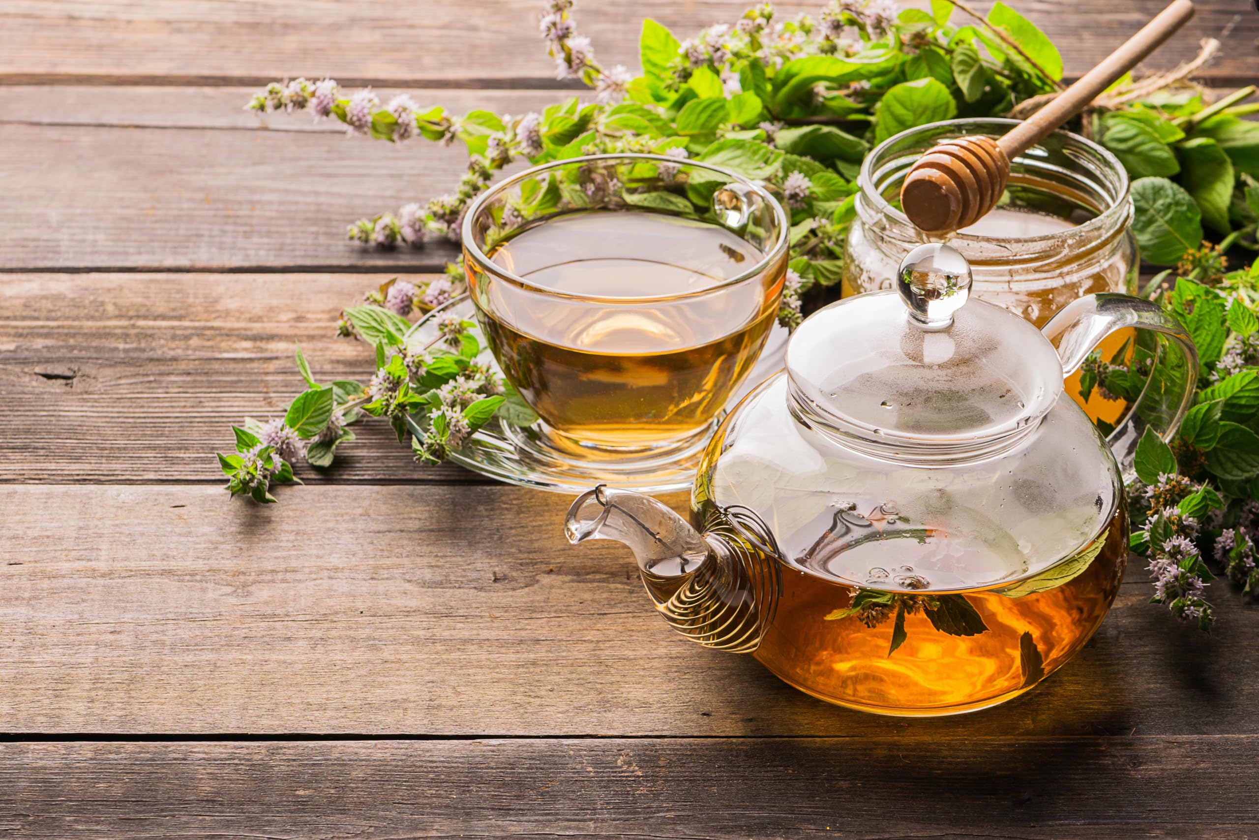 Worldwide Botanicals Lemon Balm iced tea in a glass for refreshing calm.