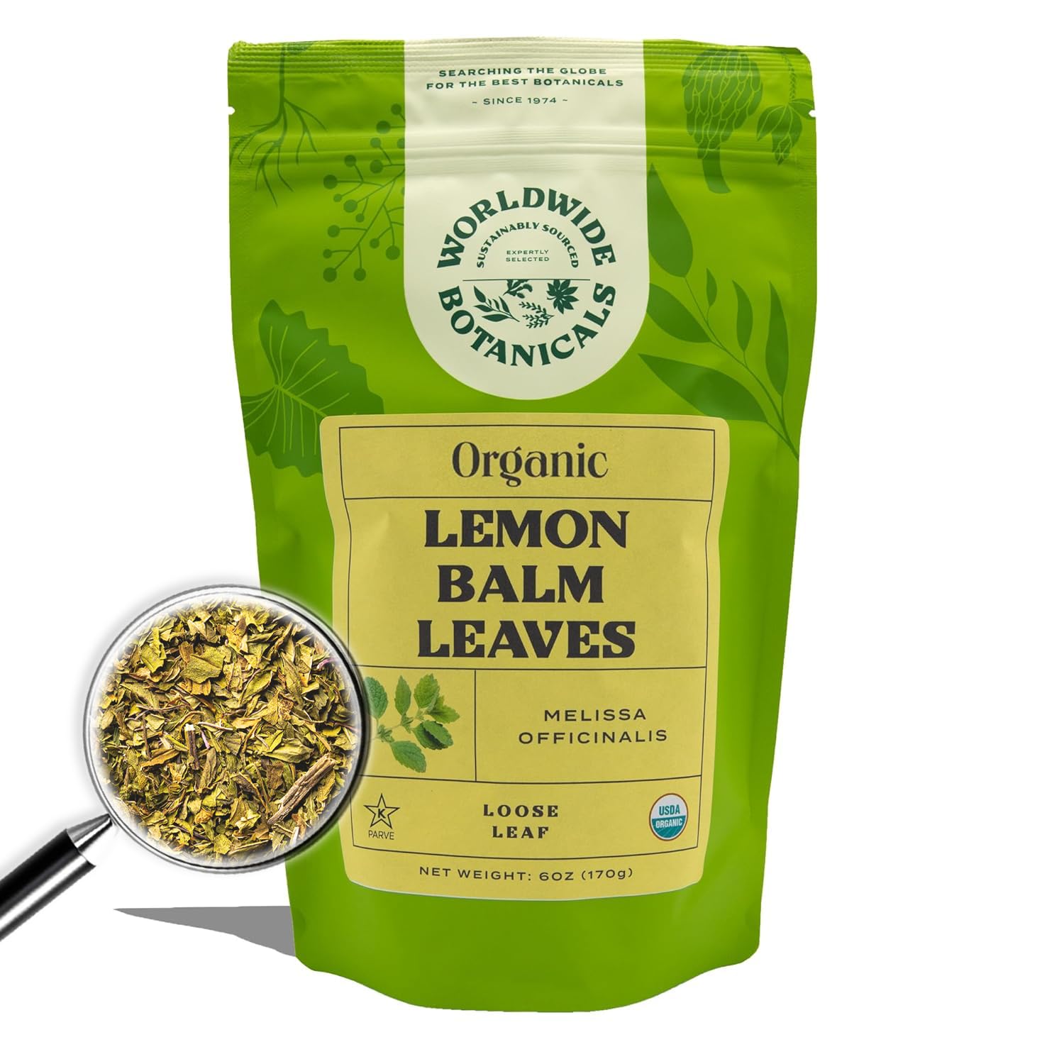 Worldwide Botanicals Lemon Balm tea leaves ready to steep for a soothing ritual.