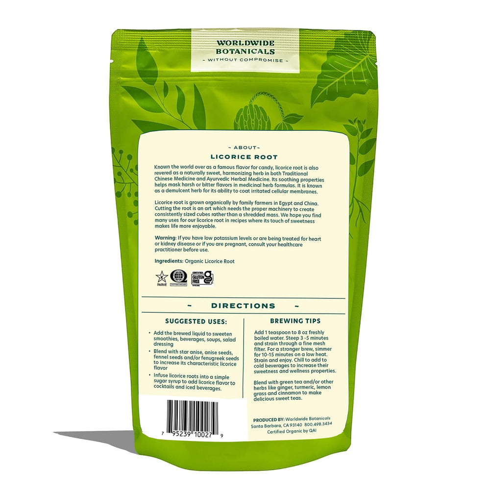 Worldwide Botanicals licorice root certified organic and gluten-free.