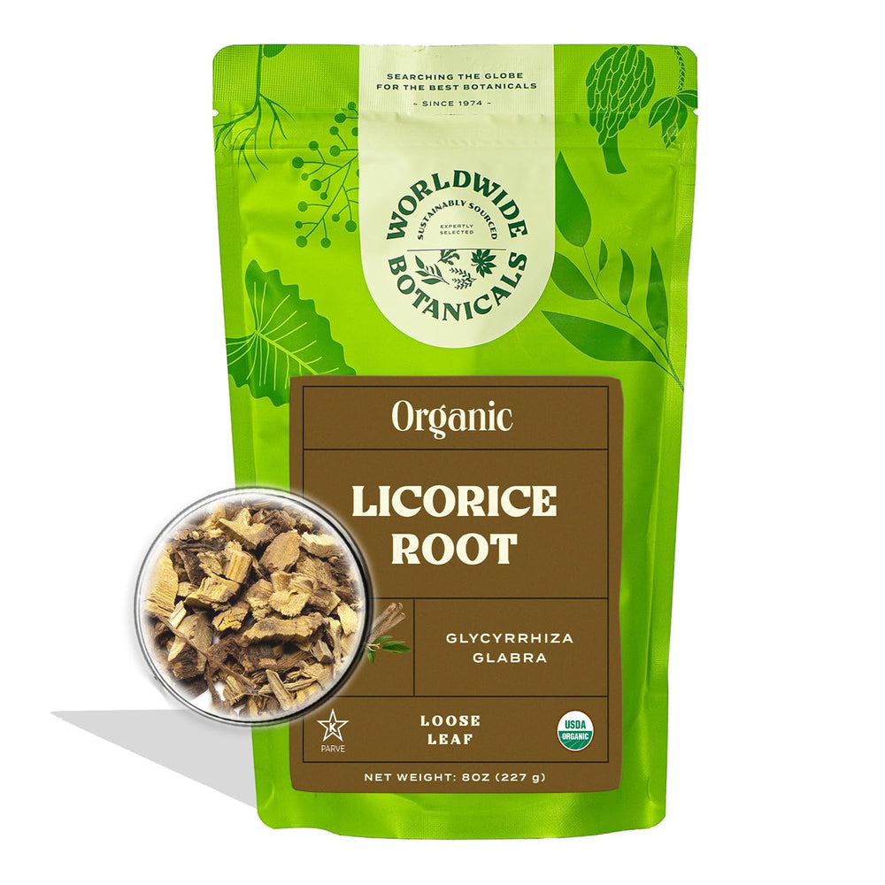 Worldwide Botanicals licorice root cut and sift close-up for aromatic, naturally sweet tea blends.
