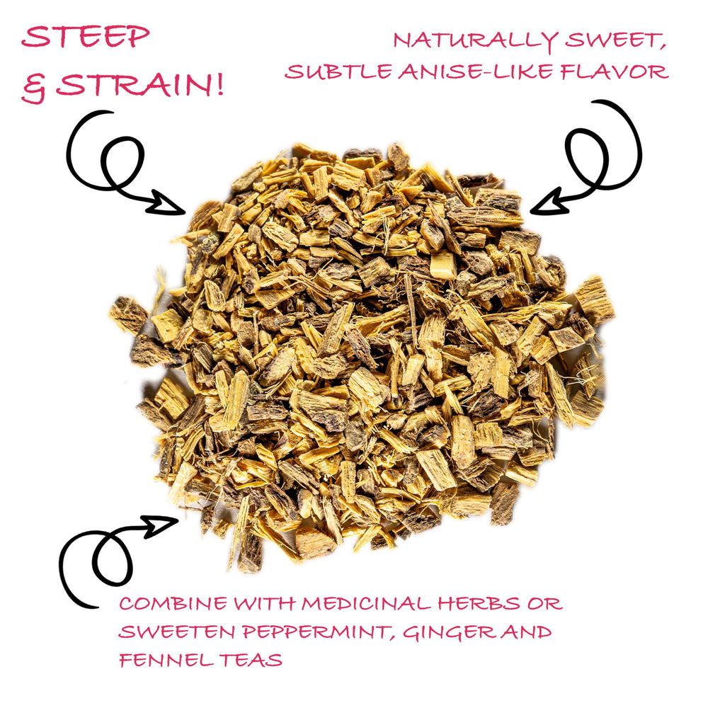 Worldwide Botanicals licorice root resealable pouch to preserve freshness in daily herbal blends.