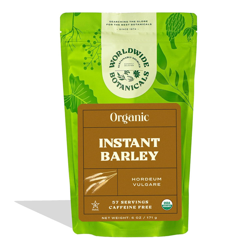 Worldwide Botanicals Organic Barley Instant cup steaming for caffeine-free morning ritual.