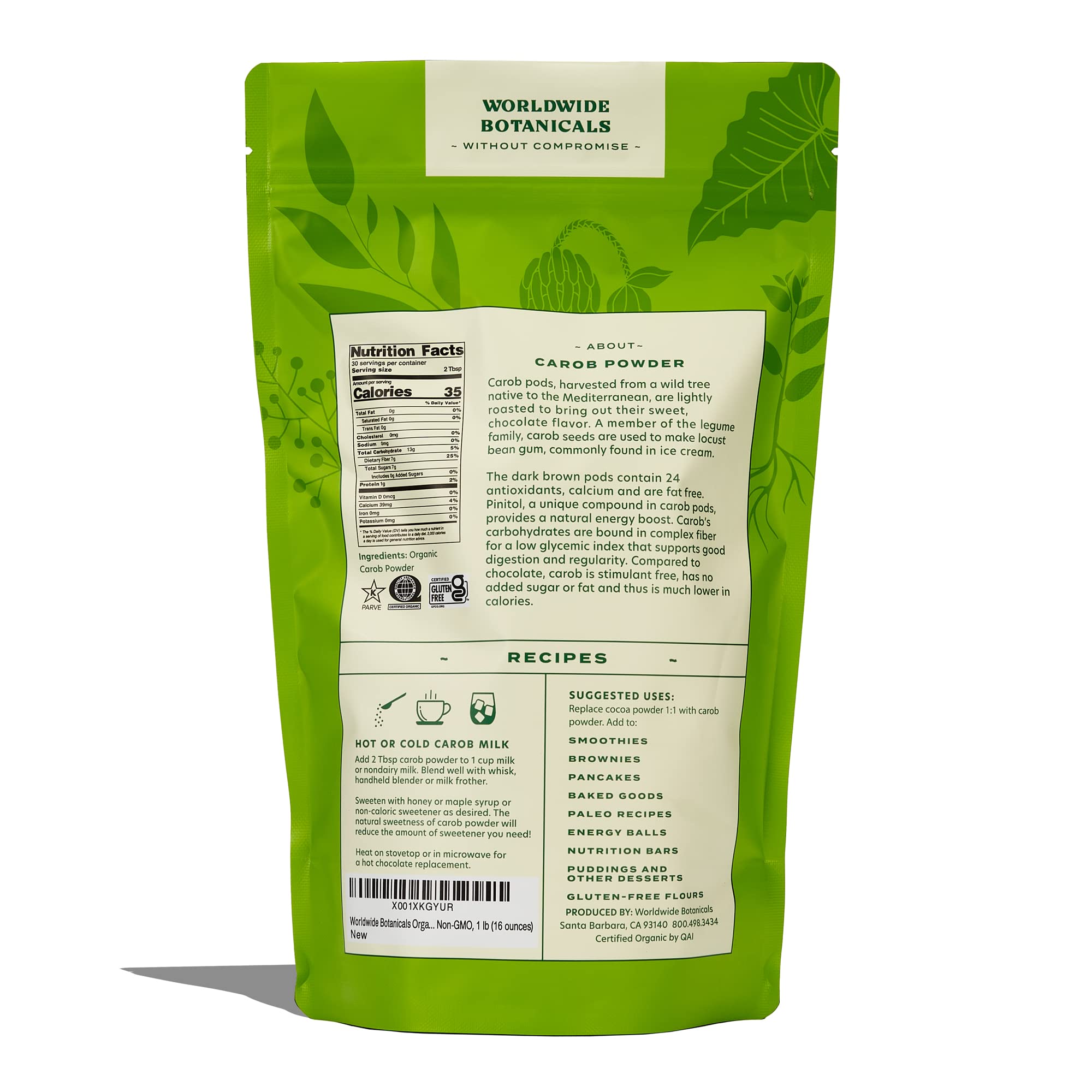Worldwide Botanicals organic carob powder package ready for hot chocolate substitution