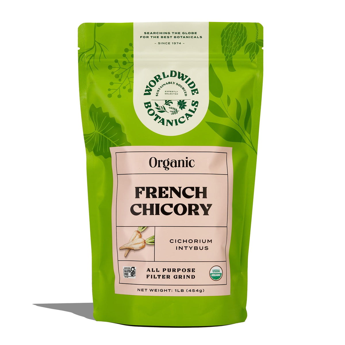 Worldwide Botanicals Organic French chicory root in all-purpose grind for caffeine-free coffee substitutes.