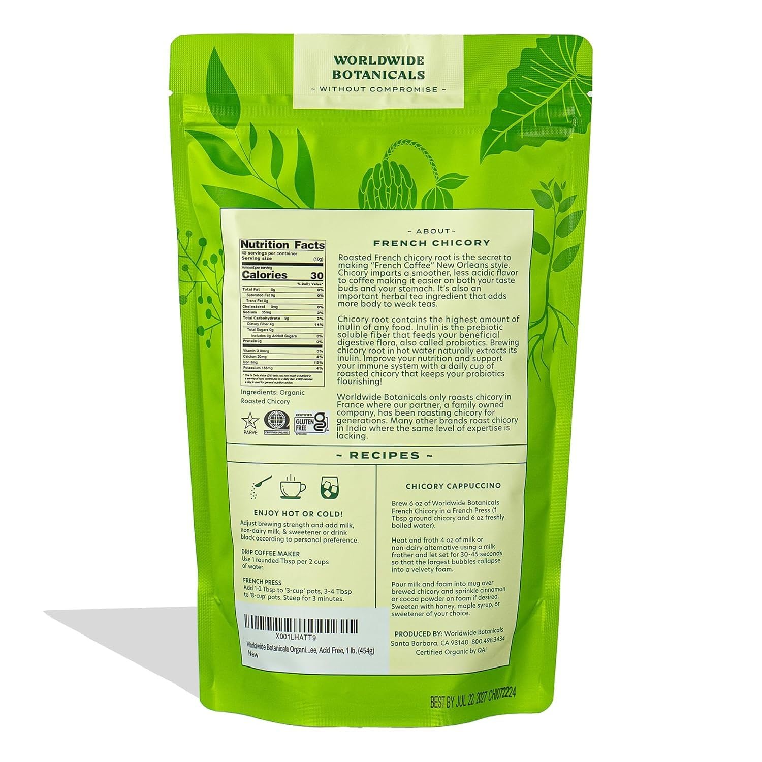Worldwide Botanicals chicory root brewed in a coffee maker for caffeine-free cup