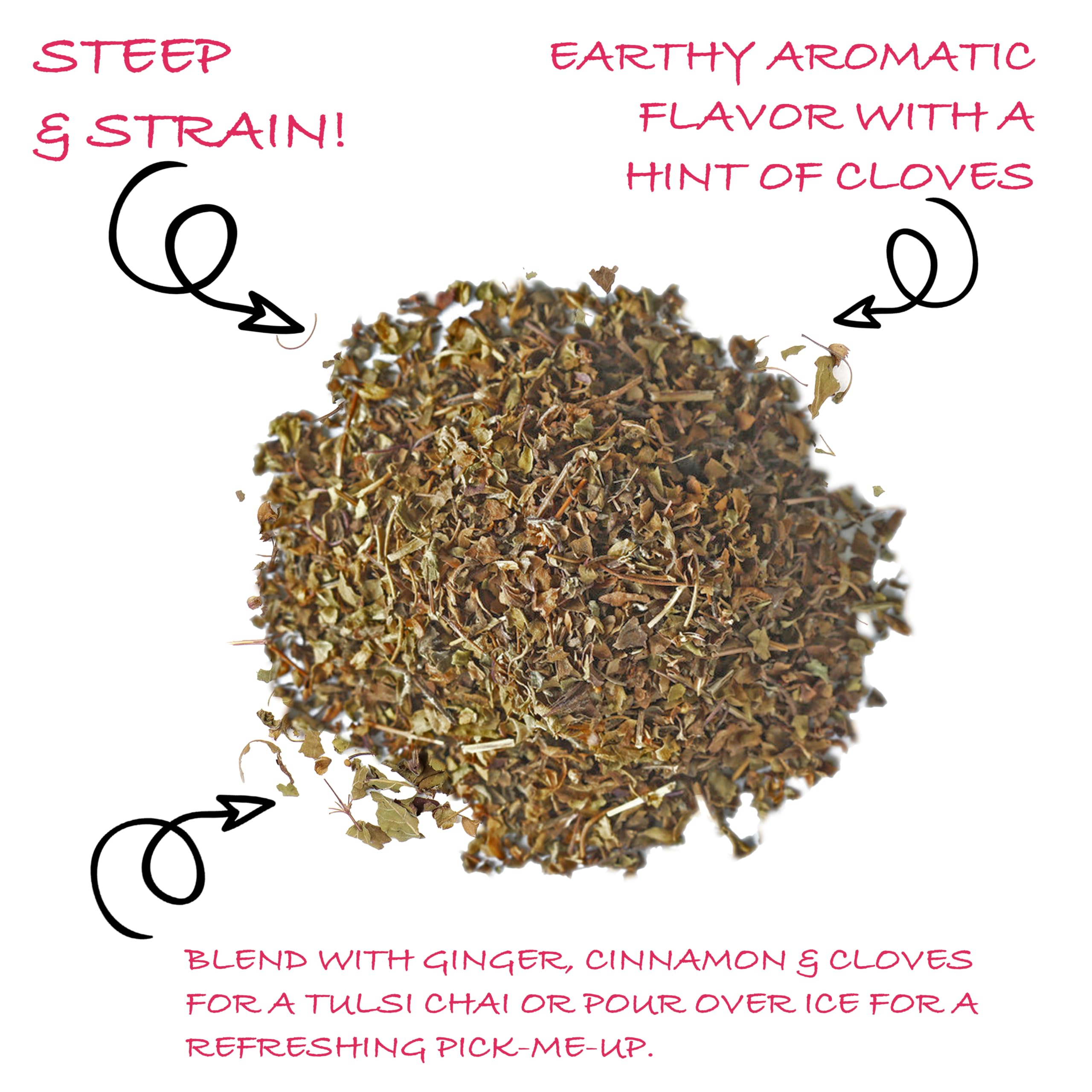 Worldwide Botanicals Organic Holy Basil tea cup brew showing earthy aroma