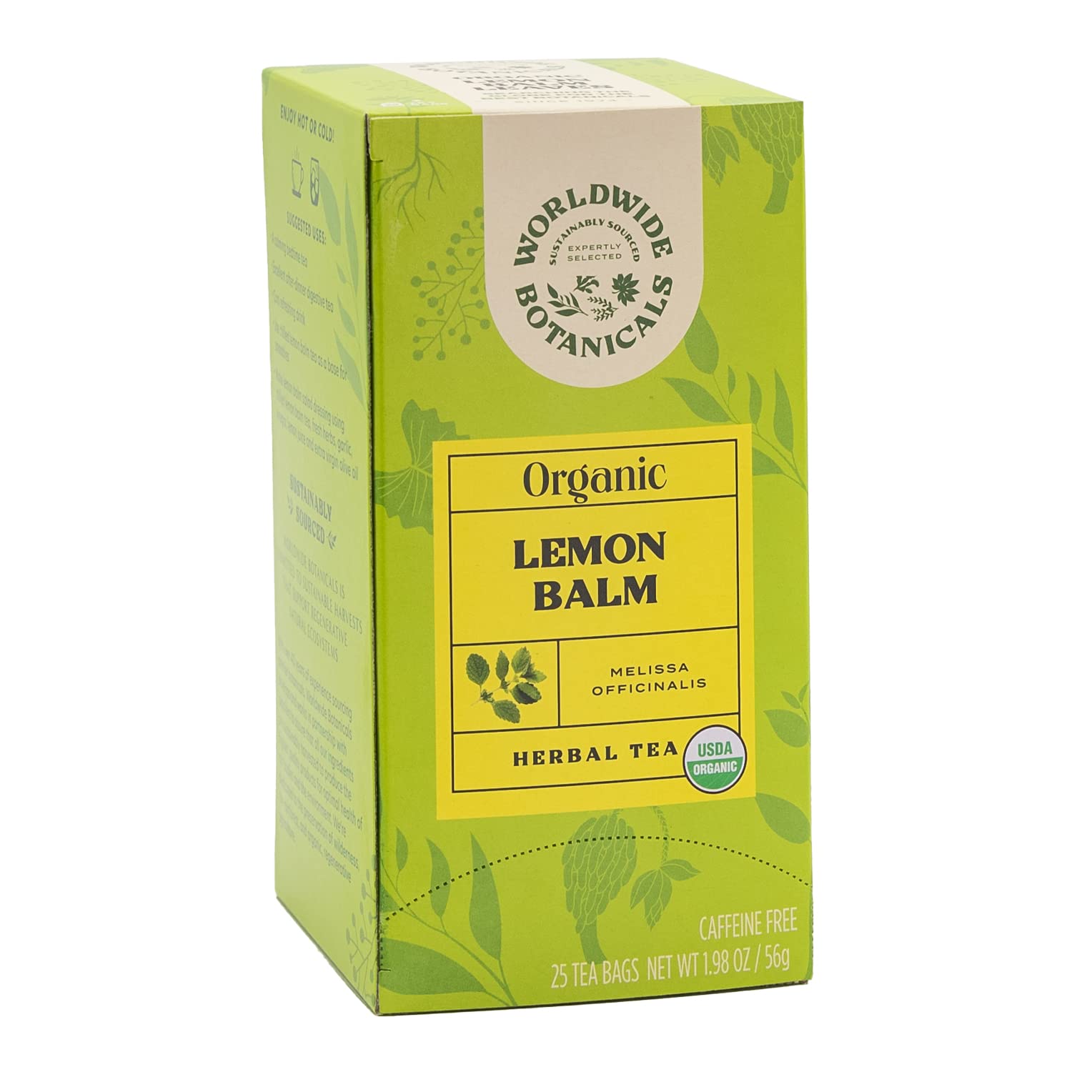 Worldwide Botanicals Organic Lemon Balm Tea pack shot with 25 bags and pure leaves