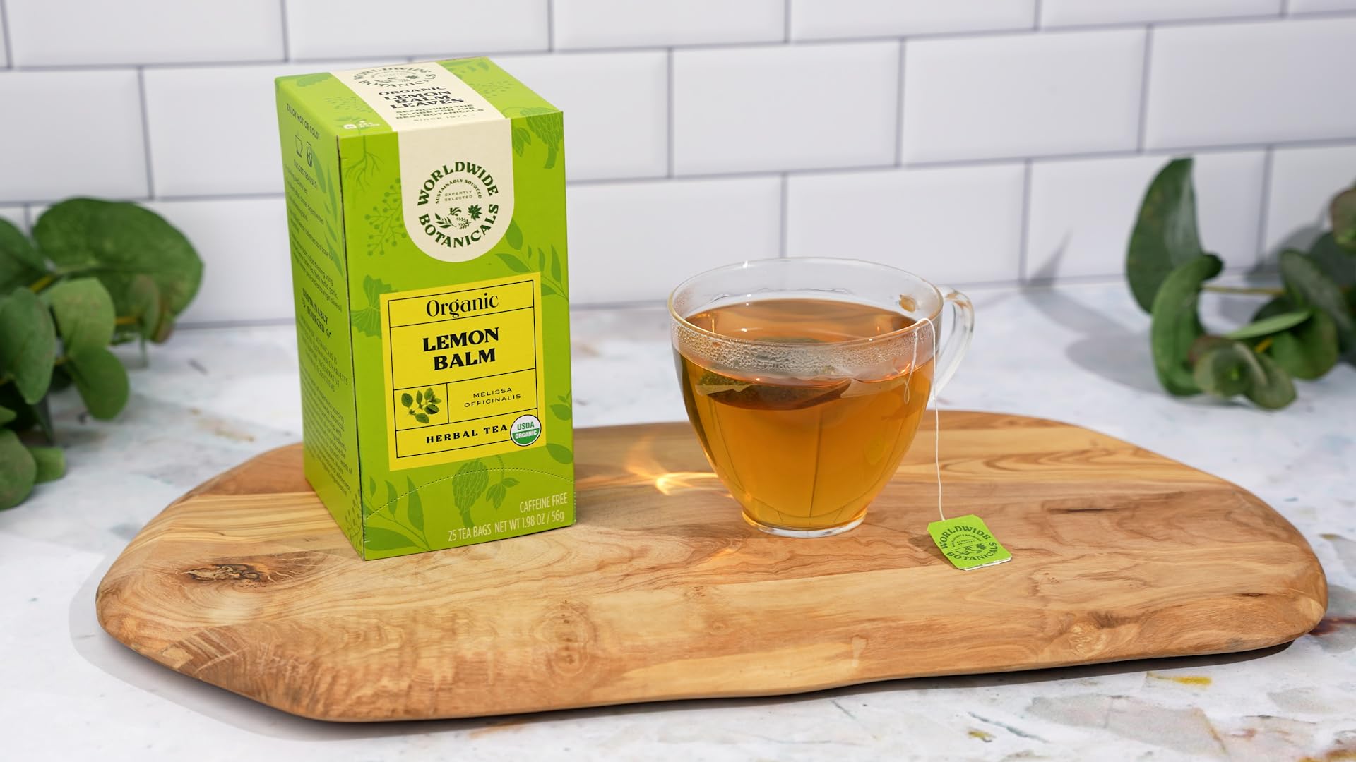 Packaging display of Worldwide Botanicals Organic Lemon Balm Tea
