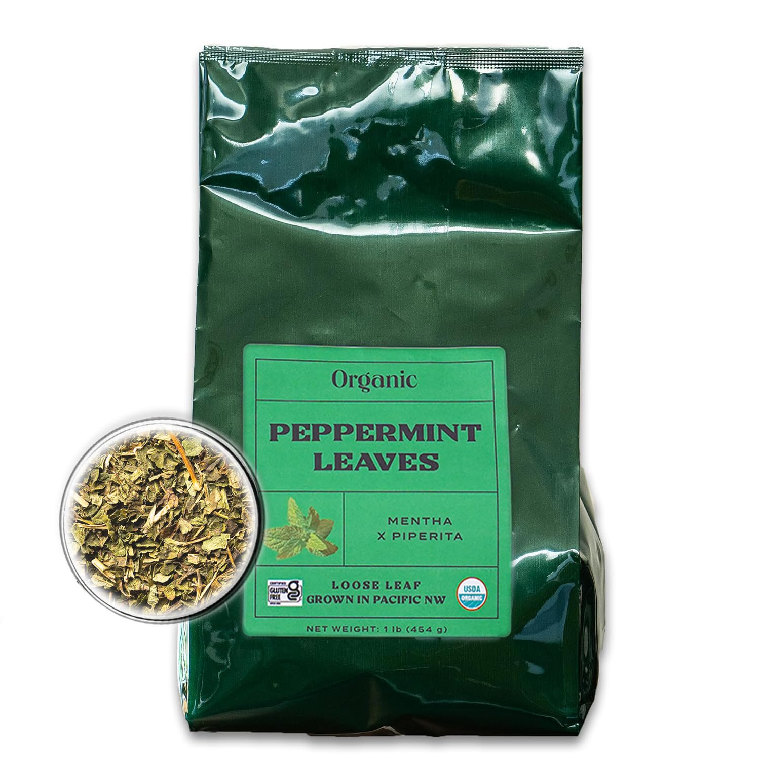 Worldwide Botanicals peppermint leaves close-up, pure aroma ready for tea.