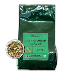 Worldwide Botanicals peppermint leaves close-up, pure aroma ready for tea.