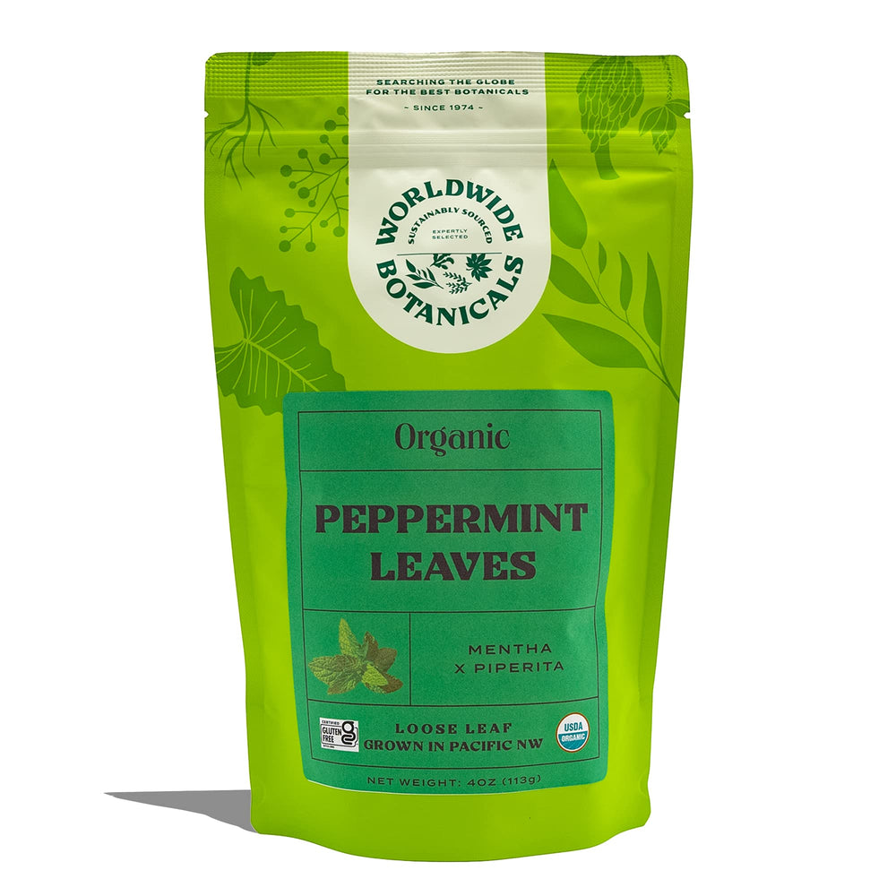 Worldwide Botanicals organic peppermint leaves for tea brewing.