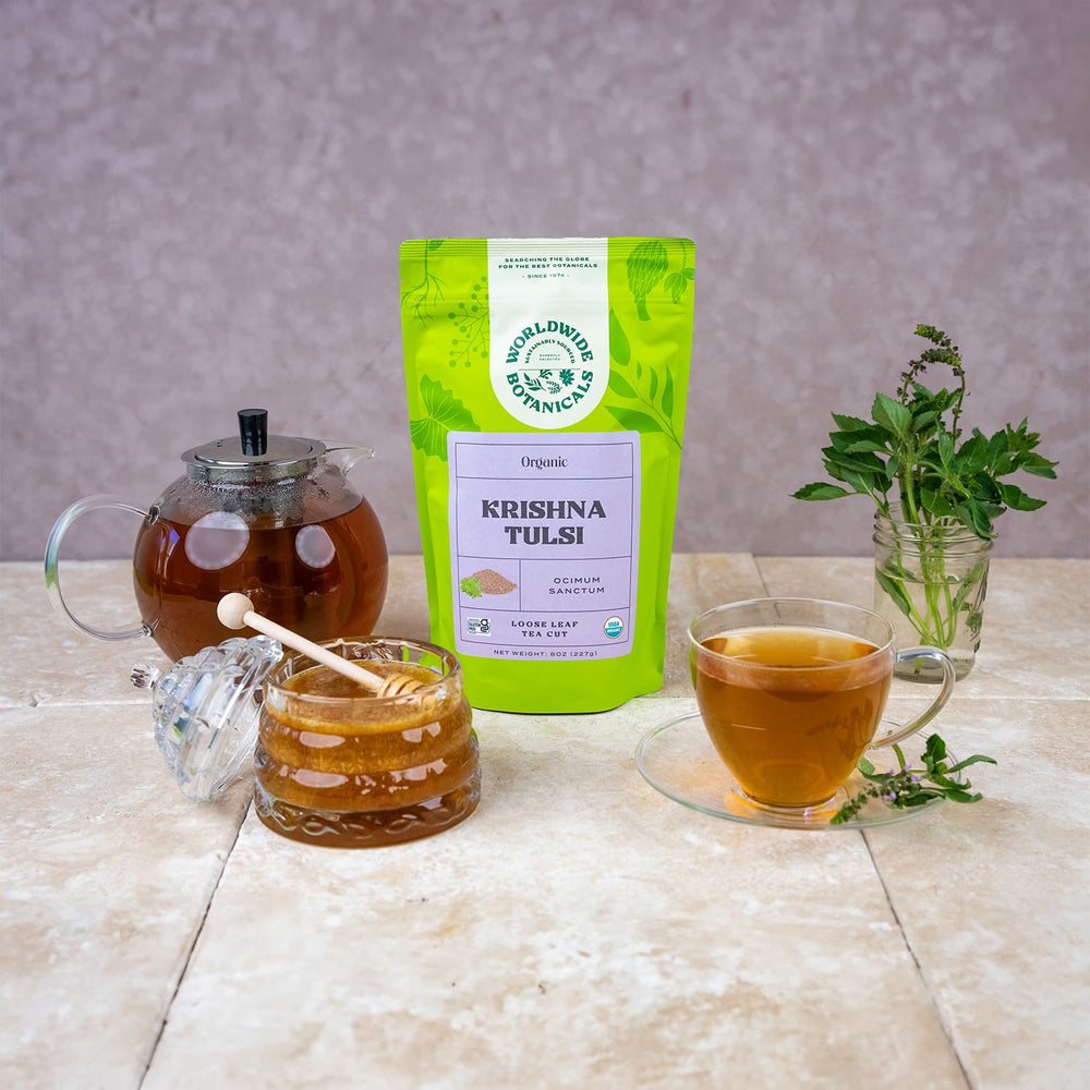 Worldwide Botanicals Krishna Tulsi aroma with peppery notes, ideal for blends with peppermint or ginger