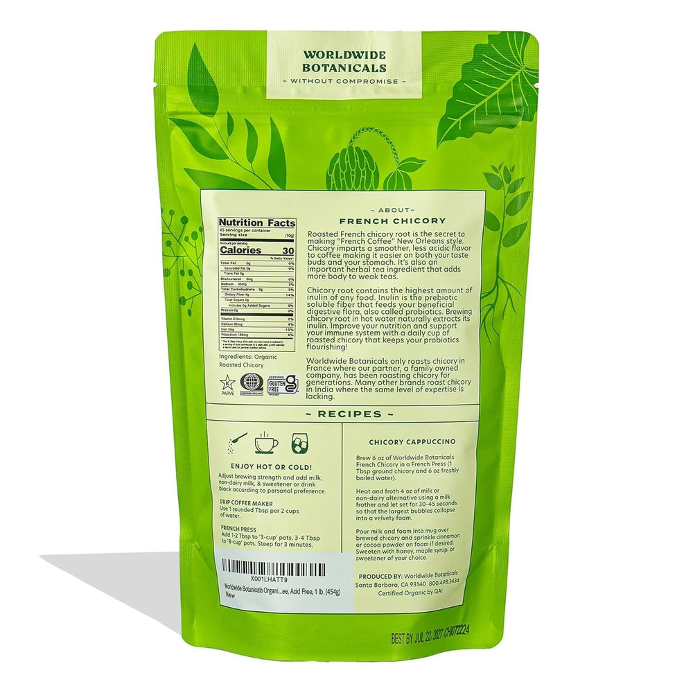 Worldwide Botanicals roasted chicory root great for brewing a coffee substitute.