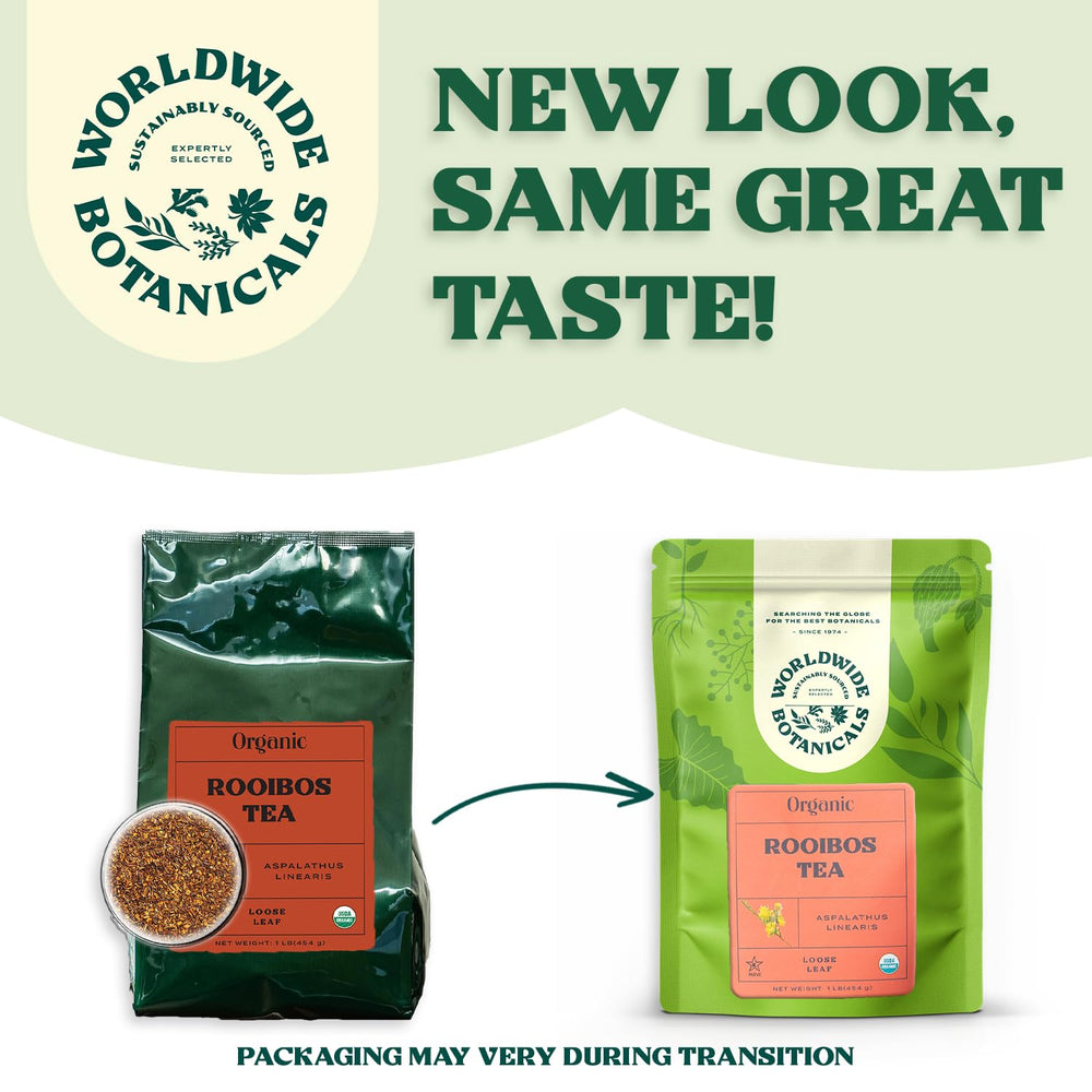 Worldwide Botanicals red rooibos brew offers a caffeine-free option for evenings.
