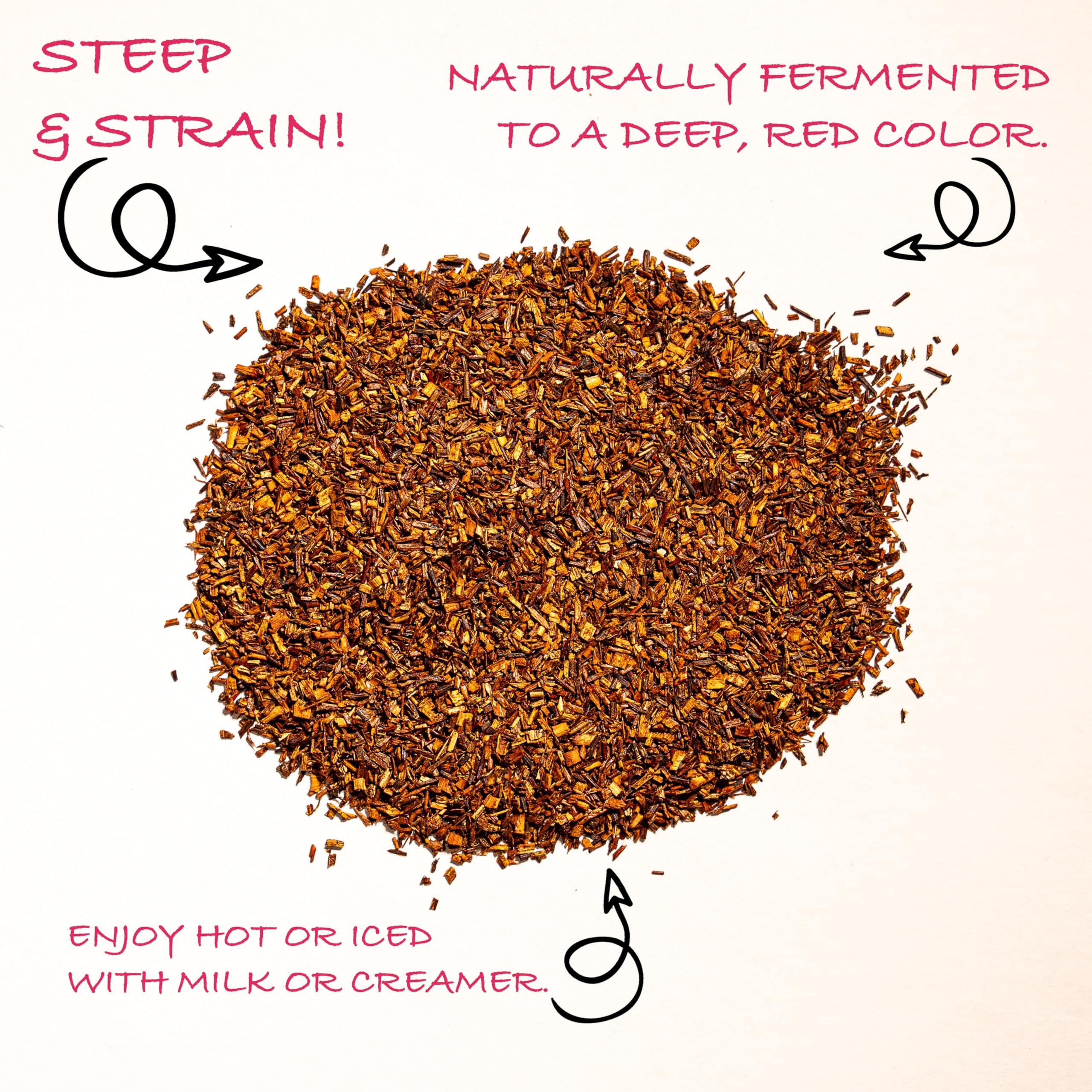 Worldwide Botanicals rooibos brewed tea in a cup reveals a deep red infusion and aroma.