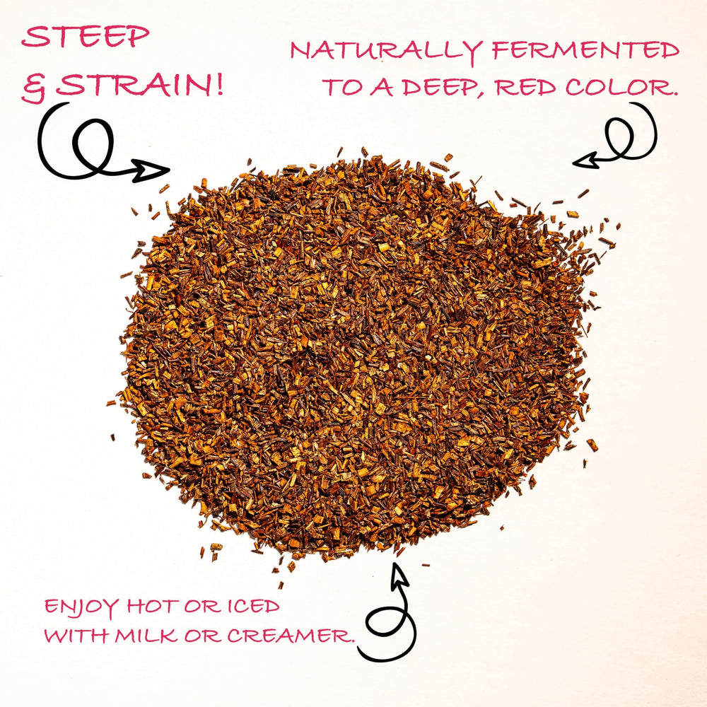 Worldwide Botanicals rooibos brewed tea in a cup reveals a deep red infusion and aroma.