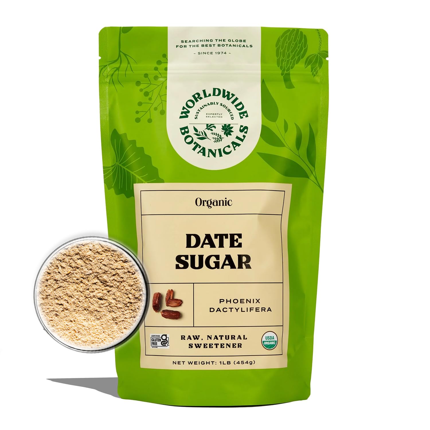 Worldwide Botanicals reseal pouch keeps date sugar fresh and ready to bake.