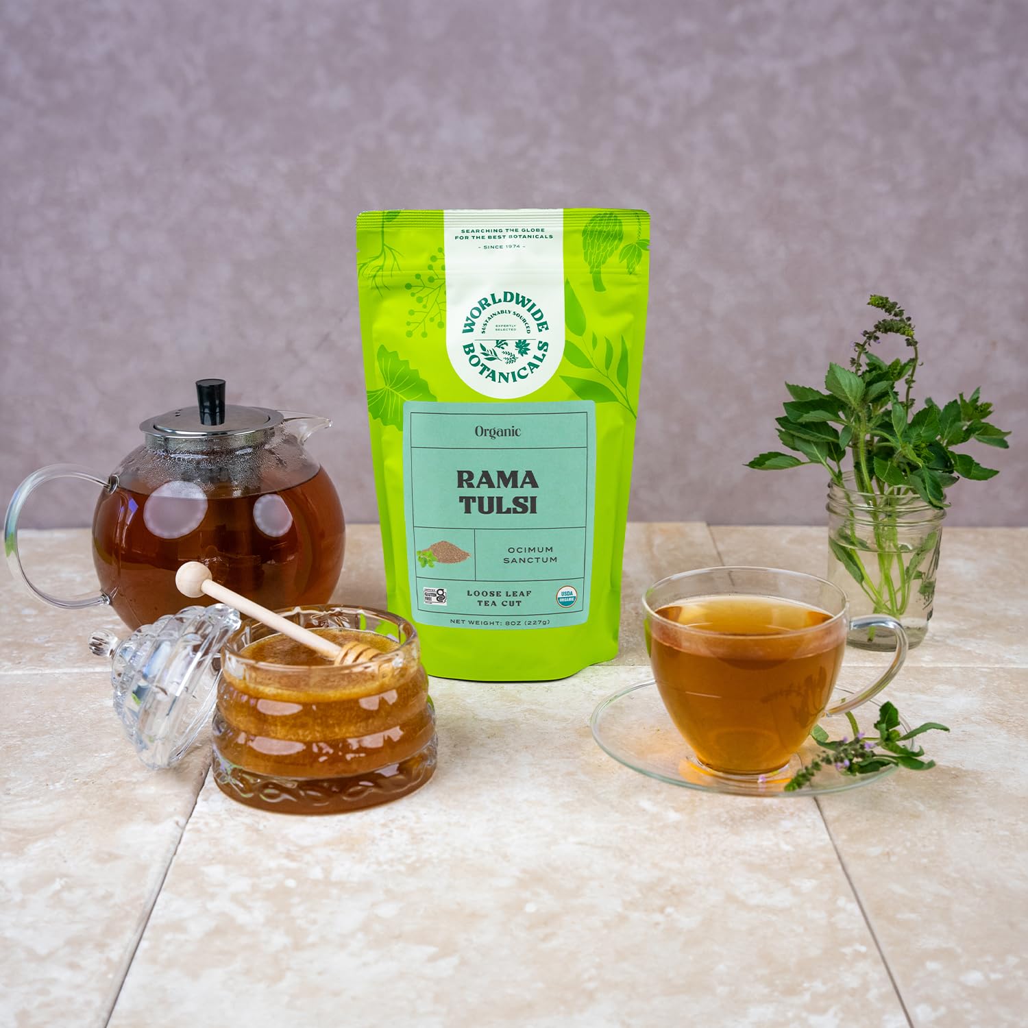 Worldwide Botanicals Tulsi Rama packaging label highlighting premium loose leaf tea